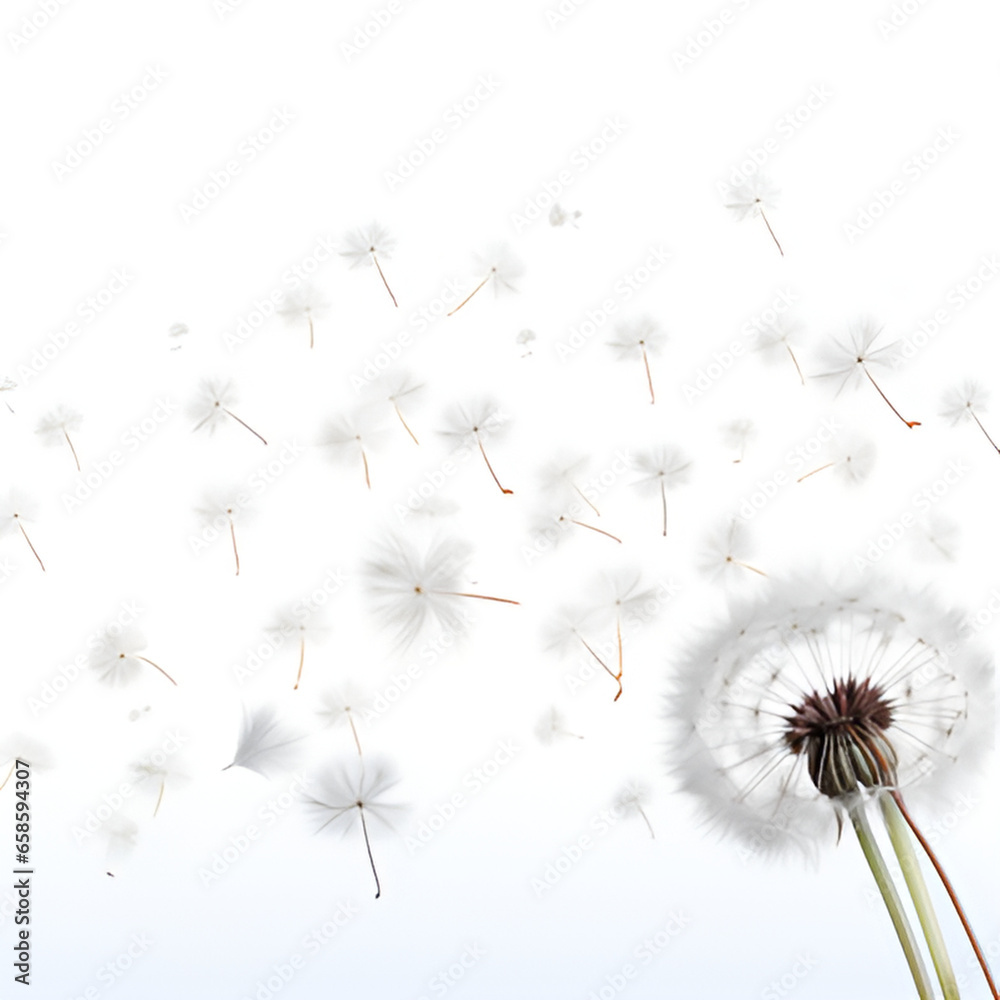 dandelion, flower, nature, sky, plant, wind, seed, blue, white, vector, summer, fluffy, stem, 