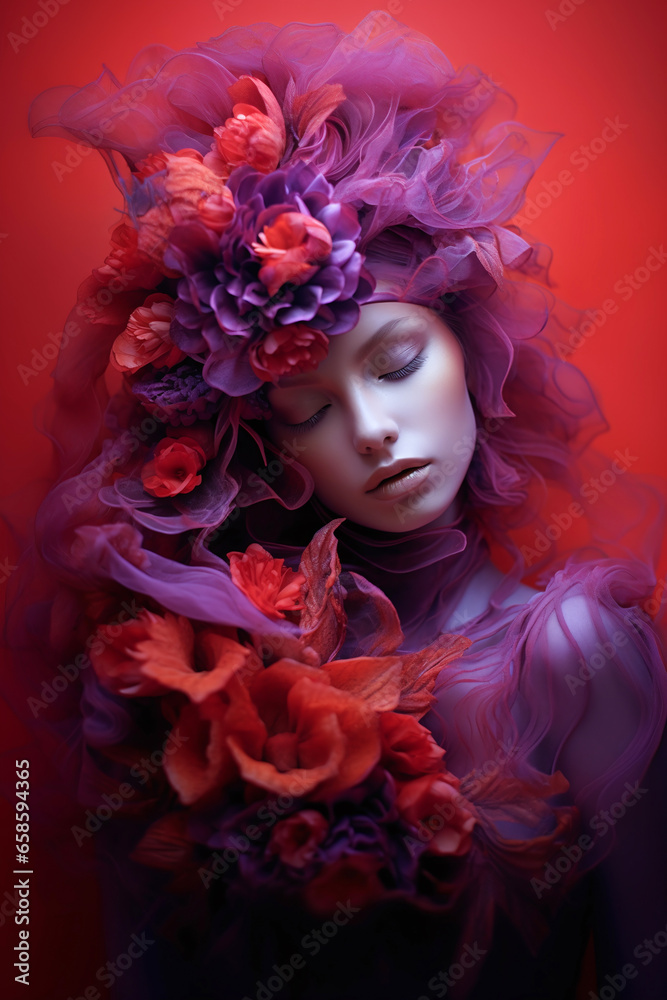 Artistic portrait of dreamy young woman with closed eyes wearing tulle dress and flowery hat. Vivid red and violet colours