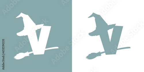 Icono letra inicial V con silueta de sombrero de bruja volando en escoba. Logo para su uso en invitaciones y tarjetas de Halloween