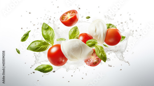 Mozzarella cheese balls, tomatoes and basil leaves for caprese salad flying on white background.