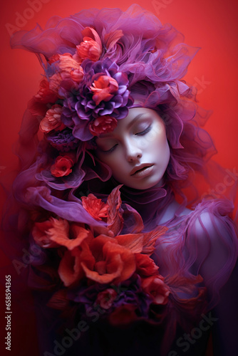 Artistic portrait of dreamy young woman with closed eyes wearing tulle dress and flowery hat. Vivid red and violet colours