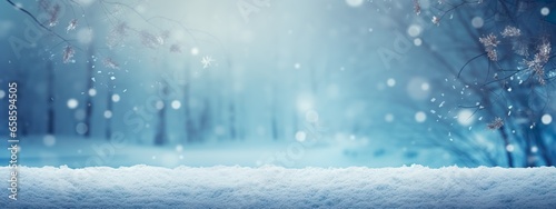 Winter Snow Background, Tranquil Snowy Landscape with Bokeh Lights, Beautiful Light and Snow Flakes, blue sky, Banner with Copy Space © Konrad