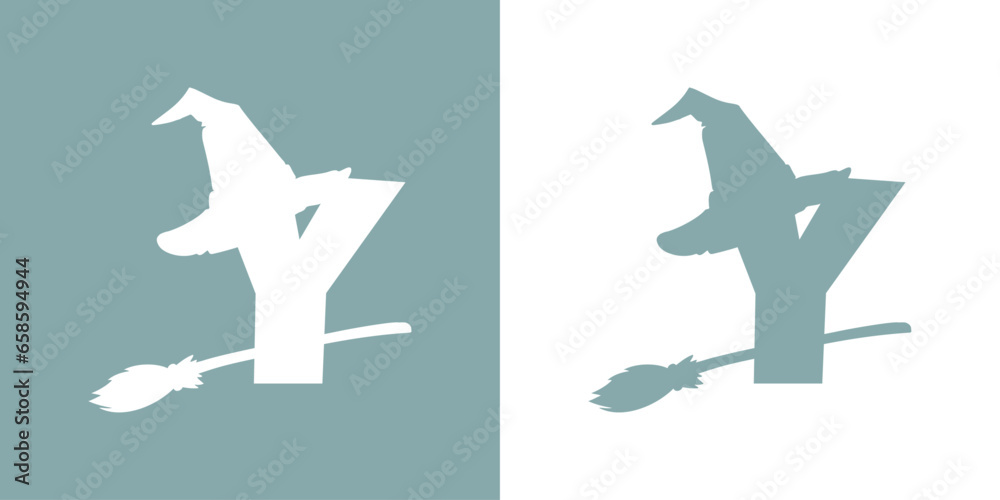 Icono letra inicial Y con silueta de sombrero de bruja volando en escoba. Logo para su uso en invitaciones y tarjetas de Halloween Icono letra inicial Y con silueta de sombrero de bruja volando en escoba. Logo para su uso en invitaciones y tarjetas de Halloween