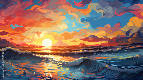 illustration of an ocean view with colorfull art style