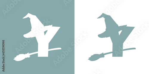 Icono letra inicial Y con silueta de sombrero de bruja volando en escoba. Logo para su uso en invitaciones y tarjetas de Halloween