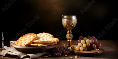 Wine Cup with Grapes and Bread ,Wineglass with Grapes and Bread on Wooden Table  Ai Generative
