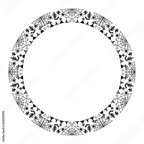 Halloween border or Circle with witch, spider web, ghost, cross, spooky tree, bat