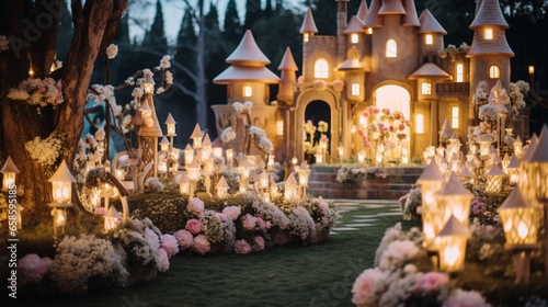 a magical fairy tale kingdom birthday party with castle towers, enchanted forests, and fairy lights.  © hamad