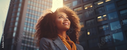 Banner happy successful black businesswoman standing in big city modern skyscrapers street on sunset thinking of successful vision, dreaming of new investment opportunities.