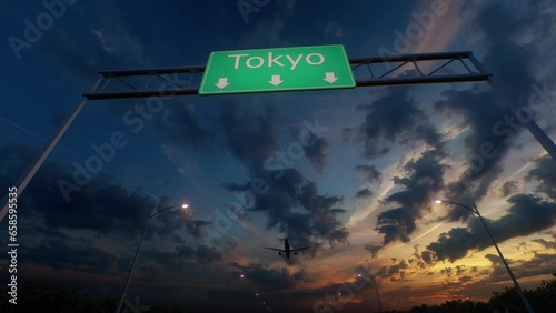 Tokyo City Road Sign - Airplane Arriving To Tokyo Airport Travelling To Japan