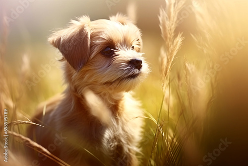 Kleiner hellbrauner Hund, Welpe, in hohem Gras, Generative AI, KI photo