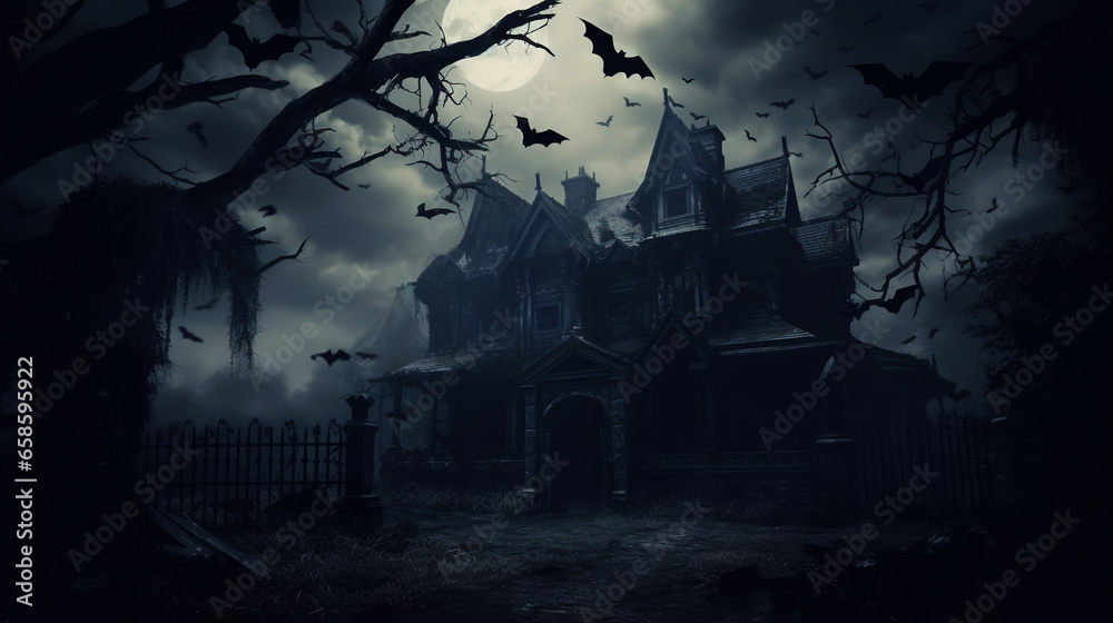 Haunted mansion covered with fog, night scene. Creepy house covered with vines. Halloween concept. Generative AI - obrazy, fototapety, plakaty 
