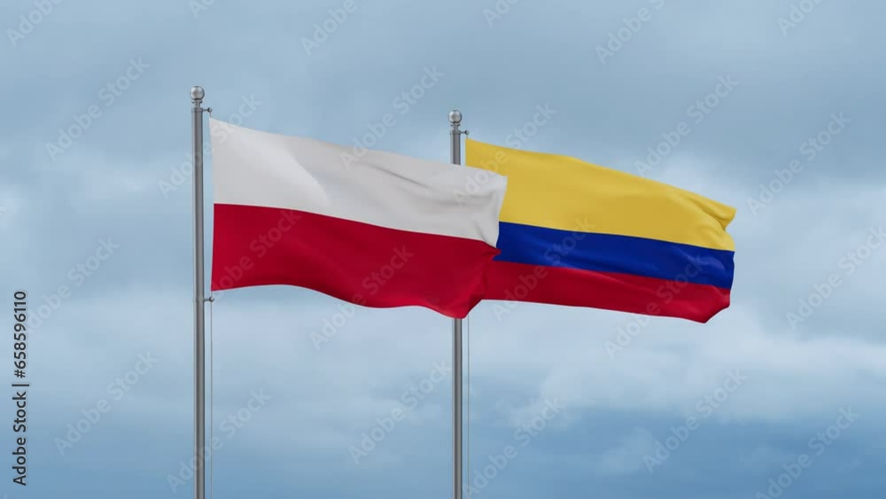 Colombia and Poland flag waving together on cloudy sky, endless seamless loop, two country cooperation concept Colombia and Poland flag waving together on cloudy sky, endless seamless loop, two country cooperation concept