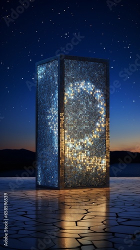 A mosaic podium set against a backdrop of the night sky, illuminated by the moonlight, creating a magical ambiance with its reflective surfaces.