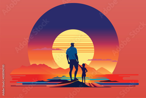 Father and sun walking in beach summer and looking sunset