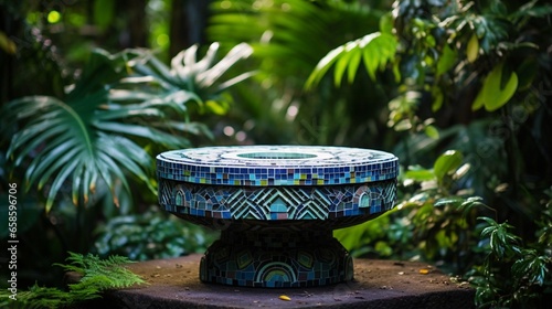 A mosaic podium surrounded by lush greenery in a serene garden setting.