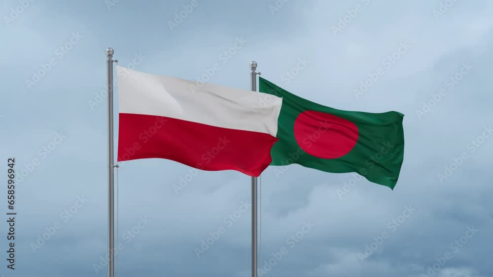 Bangladesh flag and Poland flag waving together on cloudy sky, endless seamless loop, two country relations concept Bangladesh flag and Poland flag waving together on cloudy sky, endless seamless loop, two country relations concept