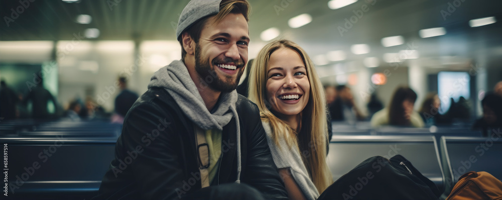 Happy young couple waiting on the airport, traveling to their vacation.  Active lifestyle concept