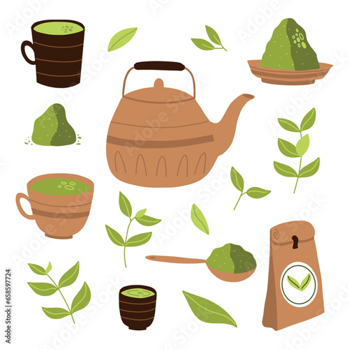 Chinese ethnic and national tea ceremony. Matcha. Tea drinking traditions. Decorative elements for your design. Vector illustration in doodle style on a white background.