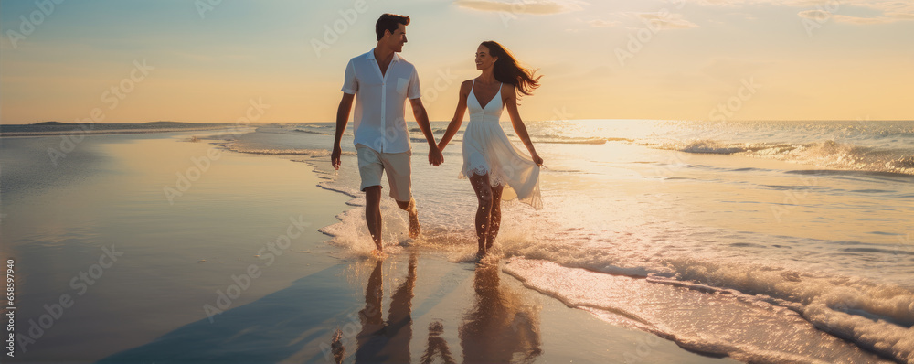Happy young couple on the beach, enjoying their time together on the vacation. Active lifestyle concept