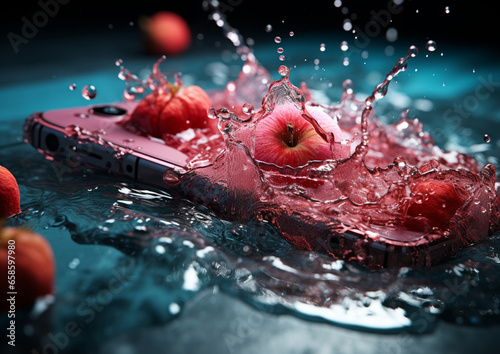 jabłka wraz ze smartfonem wpadają do wody