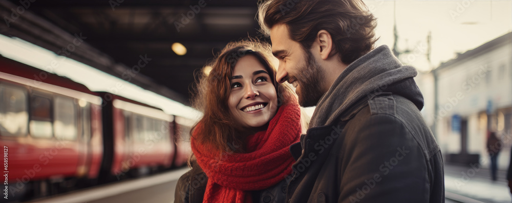 Happy young couple waiting on the train station, traveling to their vacation.  Active lifestyle concept