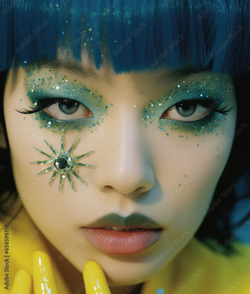 portrait of a woman with star face art and glitter make-up