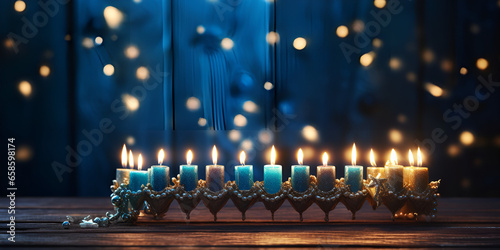  Night Lit Candles And Glowing Particles Background , Burning blue candles on a Jewish menorah at Hanukkah with glittering bokeh string lights  Ai Generative photo