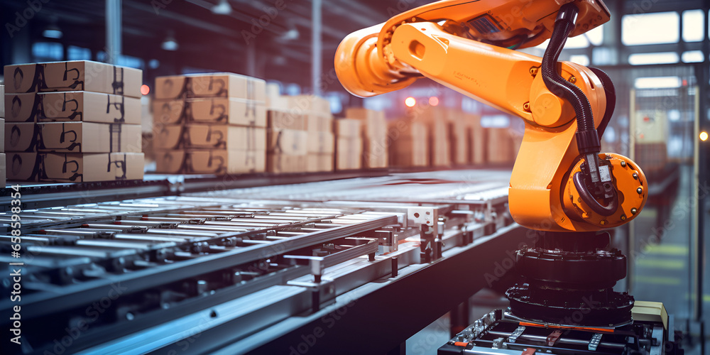 Industrial robot arm grabbing the cardboard box on roller conveyor rack ...