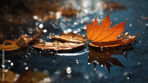 Fallen leaf in shiny water drops