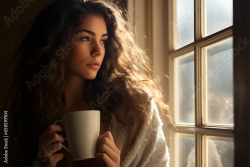 Beautiful girl next to the window holding white coffee mug 11 oz, white porcelain mug mock up