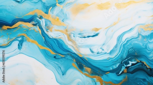 Decorative marble texture. Abstract painting, can be used as a trendy background for wallpapers, posters, cards, invitations, websites. Turquoise and golden paints on a white paper