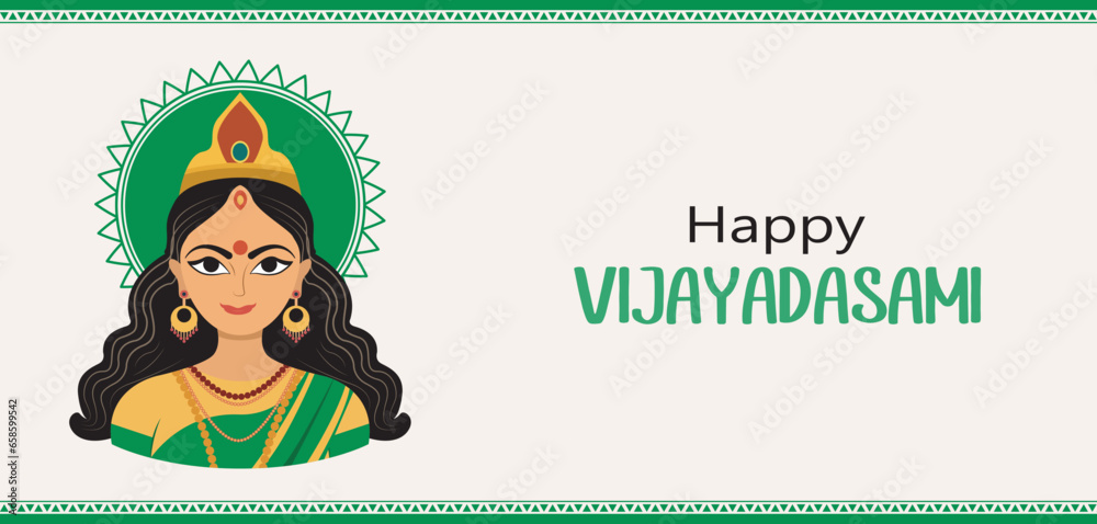 Fototapeta premium Happy Dussehra horizontal banner. vijayadasami, Hindu Navratri festival, Vijayadashami holiday. Vector illustration.