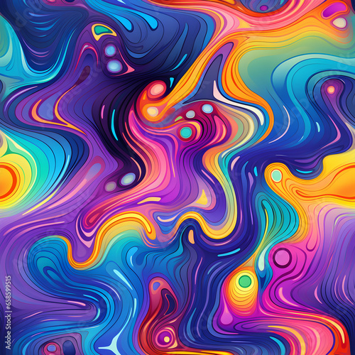 Seamless psychedelic rainbow ridged topological map pattern background texture. Trippy hippy abstract wavy swirls. Bright colorful neon retro wallpaper backdrop. Generative AI