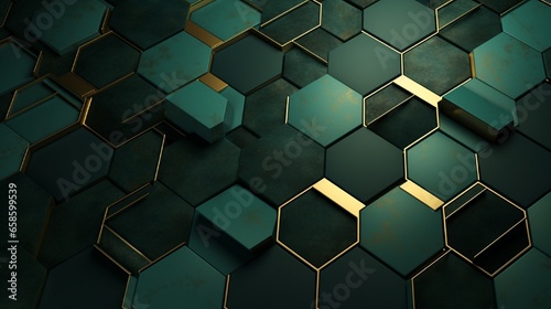 Geometric abstraction of hexagons in green tones on a raised background with gold elements