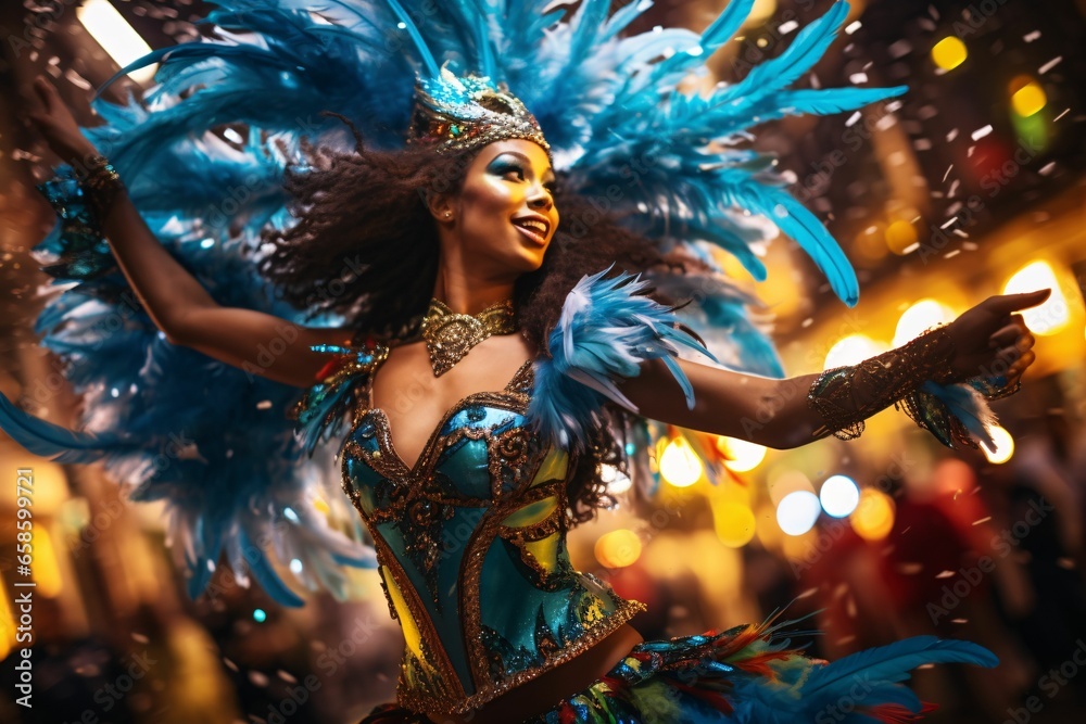 a Brazilian Samba dancer, in a dazzling costume, mid-movement, her fringes and feathers creating an energetic motion blur during the lively Carnival night a Brazilian Samba dancer, in a dazzling costume, mid-movement, her fringes and feathers creating an energetic motion blur during the lively Carnival night