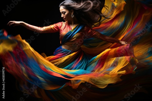an Indian woman, adorned in a vibrant saree, captured in a spirited Kathak dance, her twirl creating a beautiful, colorful motion blur against a dark backdrop