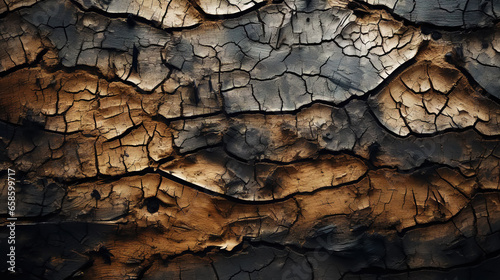 Charred wood bark dark texture. Detailed macro close-up view of tree burned scratched cork background. Generative AI