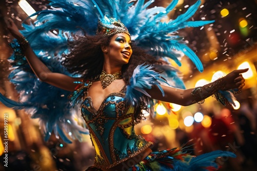 a Brazilian Samba dancer, in a dazzling costume, mid-movement, her fringes and feathers creating an energetic motion blur during the lively Carnival night