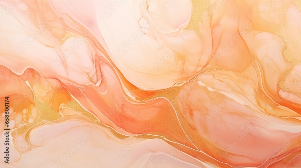 Natural luxury abstract fluid art painting in alcohol ink technique. Tender and dreamy wallpaper. Mixture of colors creating transparent waves and golden swirls. For posters, other printed materials - obrazy, fototapety, plakaty 