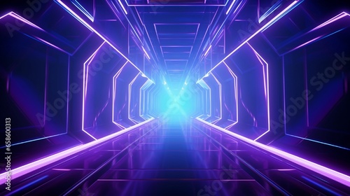 Psychedelic Abstract Futuristic Neon Fluorescent Sci Fi Vibrant Purple Blue Glow Laser Showcase Stage Dark Room Retro Modern Virtual Background Spaceship Corridor Tunnel Shapes 3D Rendering