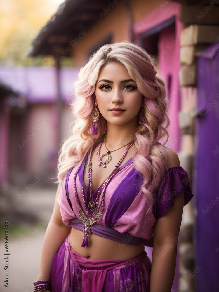 Portrait of a gypsy woman with blonde long hair in the hidden village. Gypsy people. Diversity concept. Woman wearing pink and purple clothes. 
