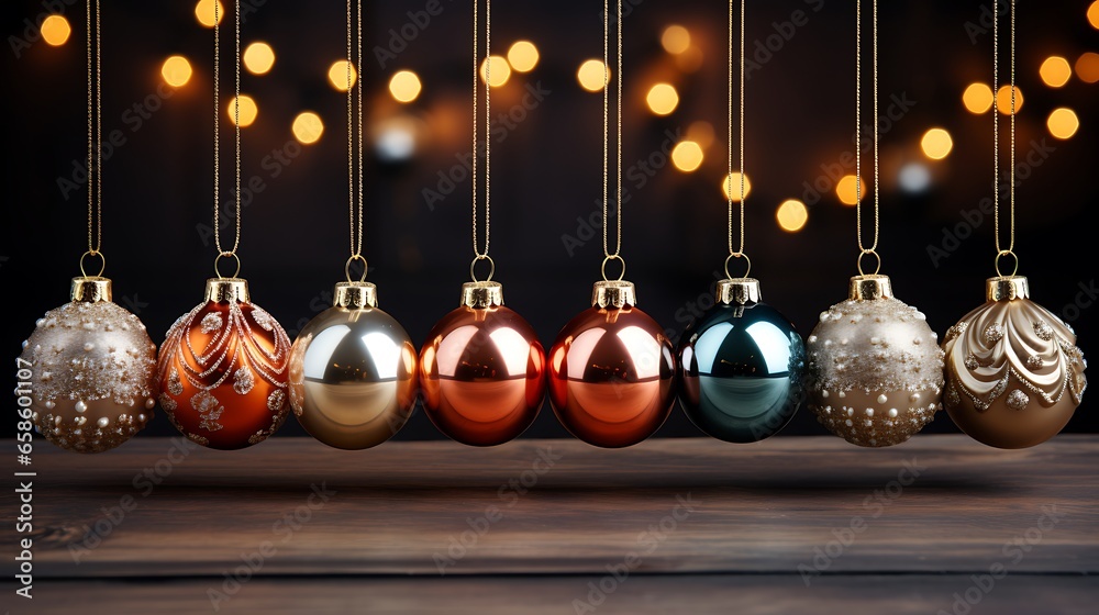 Christmas balls hanging on an out with focused bokeh background.Festively Decorated with hanging bright balls on blurred sparkling fairy background. Christmas balls hanging on an out with focused bokeh background.Festively Decorated with hanging bright balls on blurred sparkling fairy background.