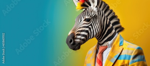 Cheerful happy zebra animals dressed as clowns on a colorful background. Wide images, with cop text space. Generative AI