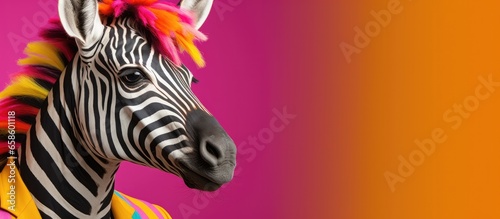 Cheerful happy zebra animals dressed as clowns on a colorful background. Wide images  with cop text space. Generative AI