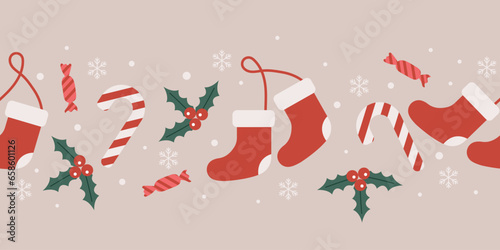 Christmas symbols and decorative elements. Christmas holiday pattern. Christmas winter holiday design.