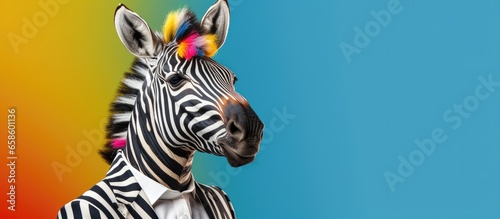 Cheerful happy zebra animals dressed as clowns on a colorful background. Wide images, with cop text space. Generative AI © dm
