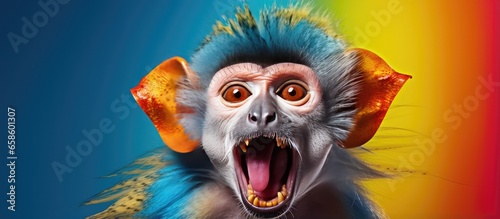 Cheerful happy monkey animals dressed as clowns on a colorful background. Wide images, with cop text space. Generative AI