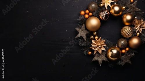Holidays new year concept. Advent christmas door wreath with festive decoration on a cozy black background. Copy space flat lay top view