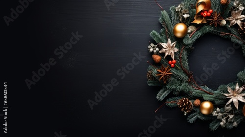 Holidays new year concept. Advent christmas door wreath with festive decoration on a cozy black background. Copy space flat lay top view, Christmas background, banner, 2024